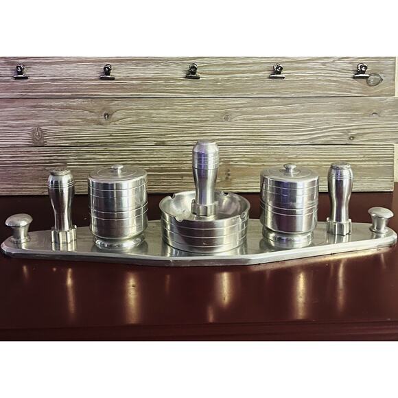 VTG WW II Aluminum Smoking Set Ashtray Match Holders Lighter. Cigarette Bar